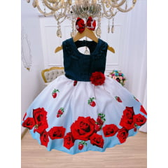 Vestido Infantil Peito Jeans Saia Flores e Cerejas C/ Laço