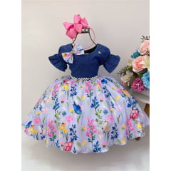 Vestido Infantil Peito Jeans Saia Lilás Jardim Borboletas