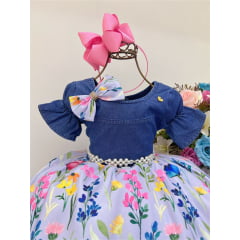 Vestido Infantil Peito Jeans Saia Lilás Jardim Borboletas