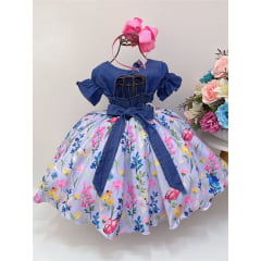 Vestido Infantil Peito Jeans Saia Lilás Jardim Borboletas