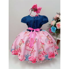 Vestido Infantil Peito Jeans Saia Rosa Cantinho Bailarina