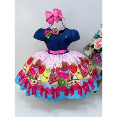 Vestido Infantil Peito Jeans Saia Rosa Cupcakes e Frutas