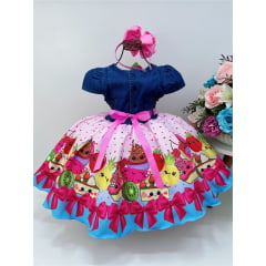 Vestido Infantil Peito Jeans Saia Rosa Cupcakes e Frutas