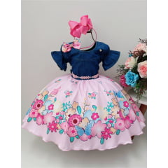 Vestido Infantil Peito Jeans Saia Rosa Jardim das Borboletas