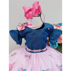 Vestido Infantil Peito Jeans Saia Rosa Jardim das Borboletas