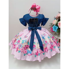 Vestido Infantil Peito Jeans Saia Rosa Jardim das Borboletas