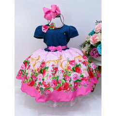 Vestido Infantil Peito Jeans Saia Rosa Jardim das Flores