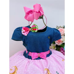 Vestido Infantil Peito Jeans Saia Rosa Jardim das Flores