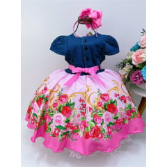 Vestido Infantil Peito Jeans Saia Rosa Jardim das Flores