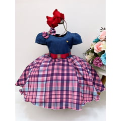 Vestido Infantil Peito Jeans Saia Xadrez Colorida Laço