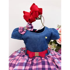 Vestido Infantil Peito Jeans Saia Xadrez Colorida Laço