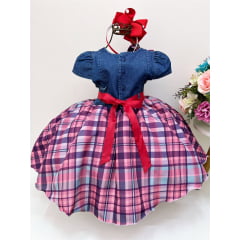 Vestido Infantil Peito Jeans Saia Xadrez Colorida Laço