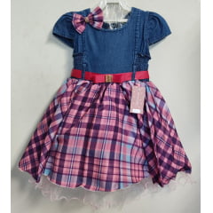 Vestido Infantil Peito Jeans Saia Xadrez Colorida Laço Luxo