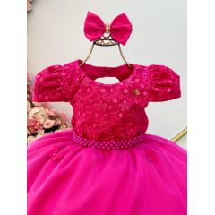 Vestido Infantil Pink Busto C/ Renda Laço Daminhas Festas