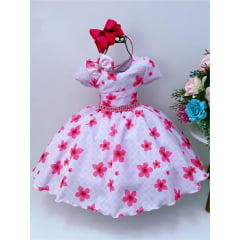 Vestido Infantil Rosa Bela Flor C/ Laço e Cinto Pérolas Luxo