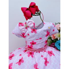 Vestido Infantil Rosa Bela Flor C/ Laço e Cinto Pérolas Luxo