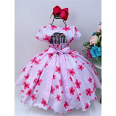 Vestido Infantil Rosa Bela Flor C/ Laço e Cinto Pérolas Luxo