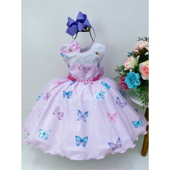 Vestido Infantil Rosa Borboletas Laço e Cinto Pérolas Luxo