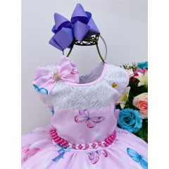 Vestido Infantil Rosa Borboletas Laço e Cinto Pérolas Luxo