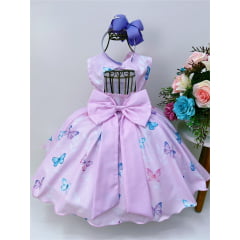 Vestido Infantil Rosa Borboletas Laço e Cinto Pérolas Luxo