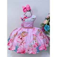 Vestido Infantil Rosa Cantinho da Bailarina Laço Cinto Pérola