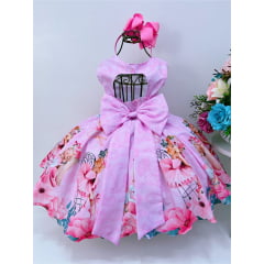 Vestido Infantil Rosa Cantinho da Bailarina Laço Cinto Pérola