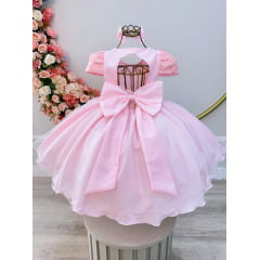 Vestido Infantil Rosa Claro Busto C/ Renda Laço Daminhas