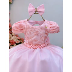 Vestido Infantil Rosa Claro Busto C/ Renda Laço Daminhas