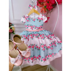 Vestido Infantil Rosa e Azul Florido C/ Laço e Pérolas Luxo