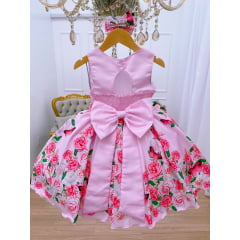 Vestido Infantil Rosa Flores e Borboletas Luxo C/Laço