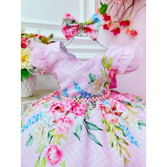 Vestido Infantil Rosa Florido C/ Laço e Cinto Pérolas Festas