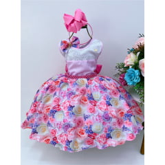 Vestido Infantil Rosa Florido C/ Laço e Cinto Pérolas Luxo