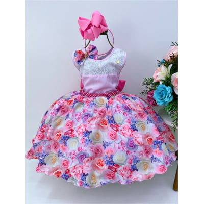 Vestido Infantil Rosa Florido C/ Laço e Cinto Pérolas Luxo