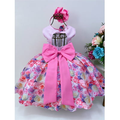 Vestido Infantil Rosa Florido C/ Laço e Cinto Pérolas Luxo