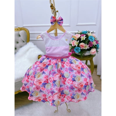 Vestido Infantil Rosa Florido C/ Laço e Cinto Pérolas Luxo