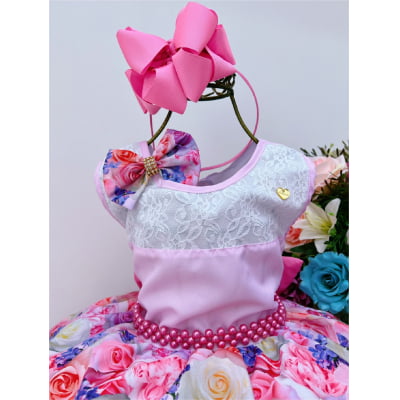 Vestido Infantil Rosa Florido C/ Laço e Cinto Pérolas Luxo