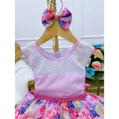 Vestido Infantil Rosa Florido C/ Laço e Cinto Pérolas Luxo