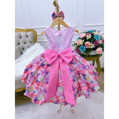 Vestido Infantil Rosa Florido C/ Laço e Cinto Pérolas Luxo