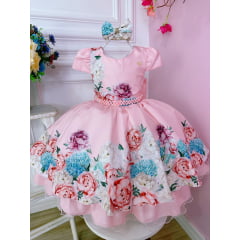 Vestido Infantil Rosa Florido Com Laço e Cinto de Pérolas
