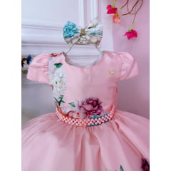 Vestido Infantil Rosa Florido Com Laço e Cinto de Pérolas