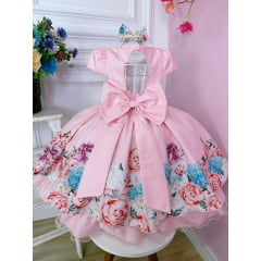 Vestido Infantil Rosa Florido Com Laço e Cinto de Pérolas