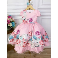Vestido Infantil Rosa Florido Com Laço e Cinto de Pérolas