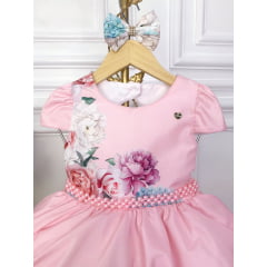 Vestido Infantil Rosa Florido Com Laço e Cinto de Pérolas