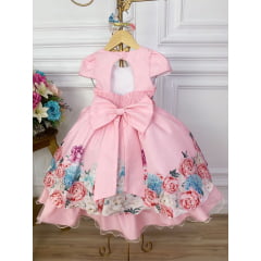 Vestido Infantil Rosa Florido Com Laço e Cinto de Pérolas