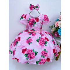 Vestido Infantil Rosa Florido de Rosas C/ Laço e Pérolas Luxo