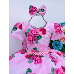 Vestido Infantil Rosa Florido de Rosas C/ Laço e Pérolas Luxo