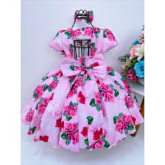 Vestido Infantil Rosa Florido de Rosas C/ Laço e Pérolas Luxo