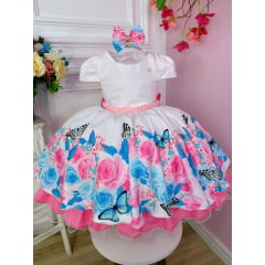 Vestido Infantil Rosa Bebê Jardim das Borboletas C/ Laço