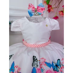 Vestido Infantil Rosa Bebê Jardim das Borboletas C/ Laço