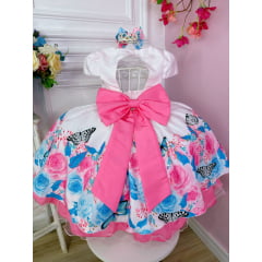 Vestido Infantil Rosa Bebê Jardim das Borboletas C/ Laço